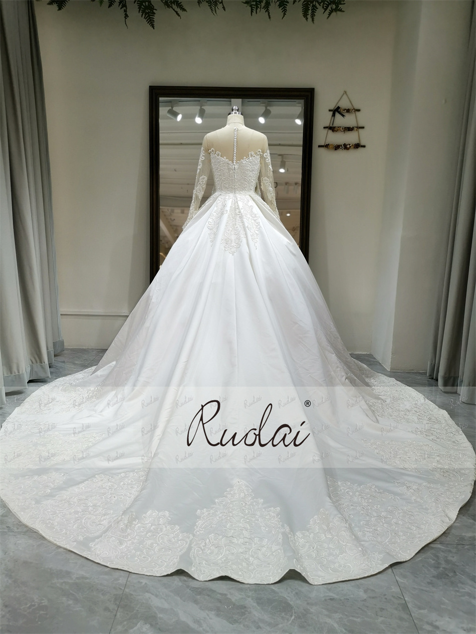 Ruolai ZD05116 Luxury Beaded Ball Gown Wedding Dresses Long Sleeves Ivory Bridal Gowns