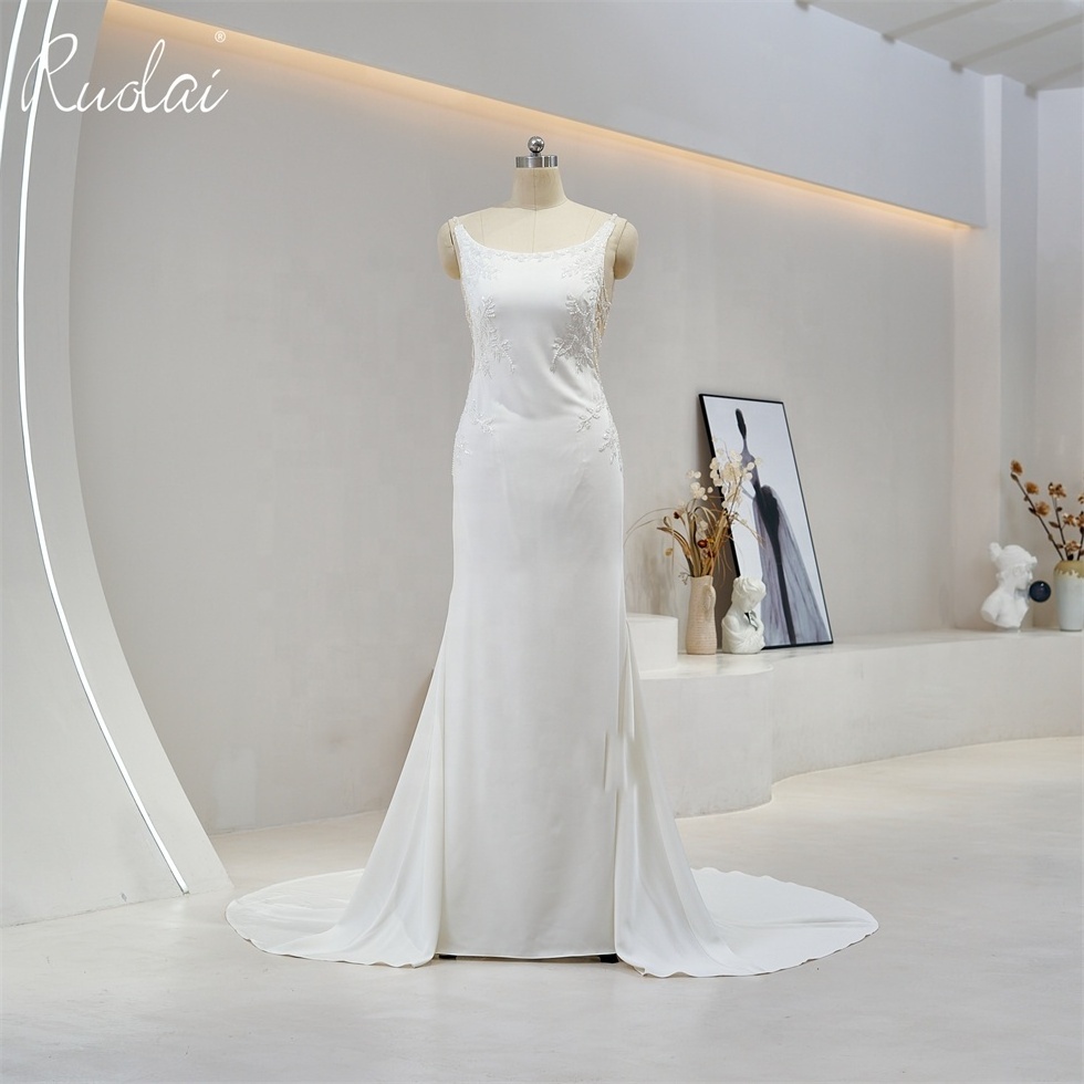 Ruolai QD06093 Simple Sleeveless Boat Neck Hand Work Beads Mermaid Satin White Dress For Civil Wedding