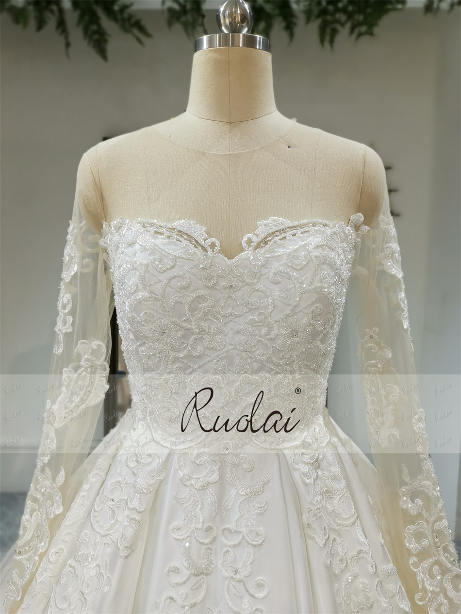 Ruolai ZD05116 Luxury Beaded Ball Gown Wedding Dresses Long Sleeves Ivory Bridal Gowns