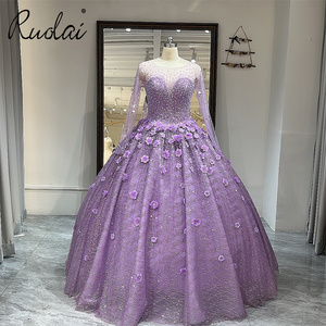 Ruolai LWC6668 Princess Illusion Long Sleeve Ball Gown Scoop 3D Flower Beading Evening Dress Quinceanera Dress 15