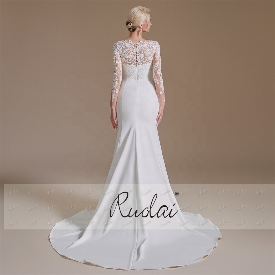 Ruolai QD06163 Elegant Illusion Neck White Mermaid Wedding Dress Long Sleeve Satin Bridal Dress Gown