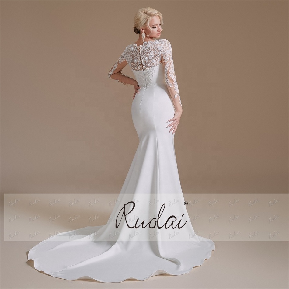 Ruolai QD06163 Elegant Illusion Neck White Mermaid Wedding Dress Long Sleeve Satin Bridal Dress Gown