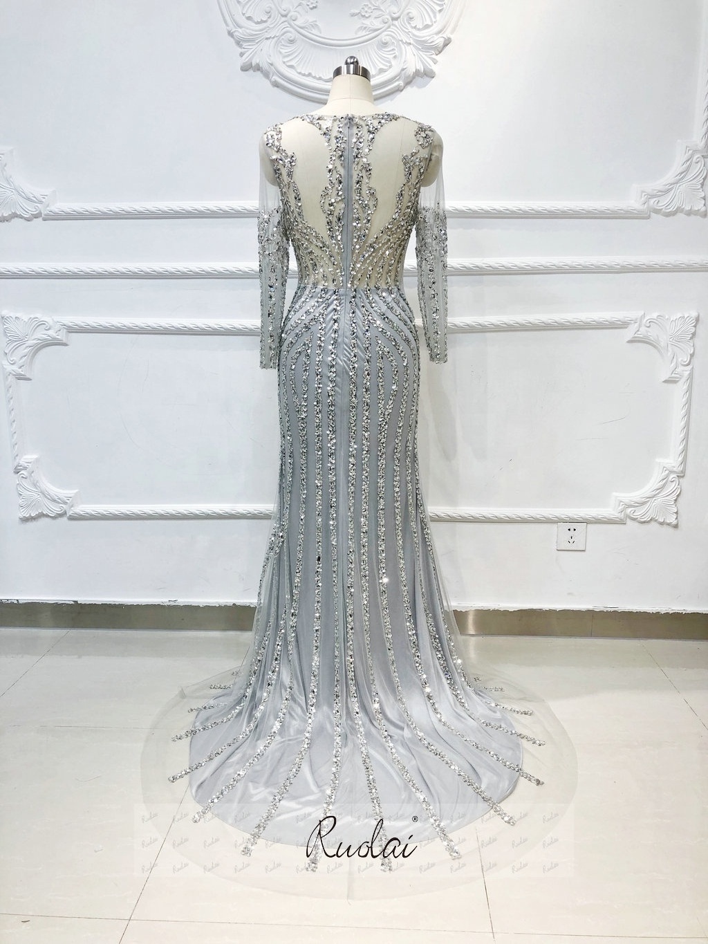 MOTB-090 Sexy Long Sleeves Party Wear Gown Sparkling Luxury Mermaid Dress Evening Dress Women