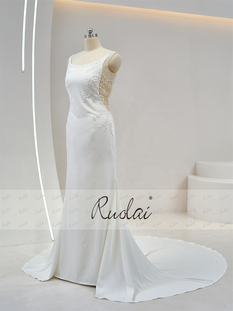 Ruolai QD06093 Simple Sleeveless Boat Neck Hand Work Beads Mermaid Satin White Dress For Civil Wedding