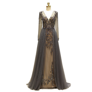 ASA80722 Luxury Arabic Long Sleeves Beaded Crystal Sequin Prom Party Evening Dresses