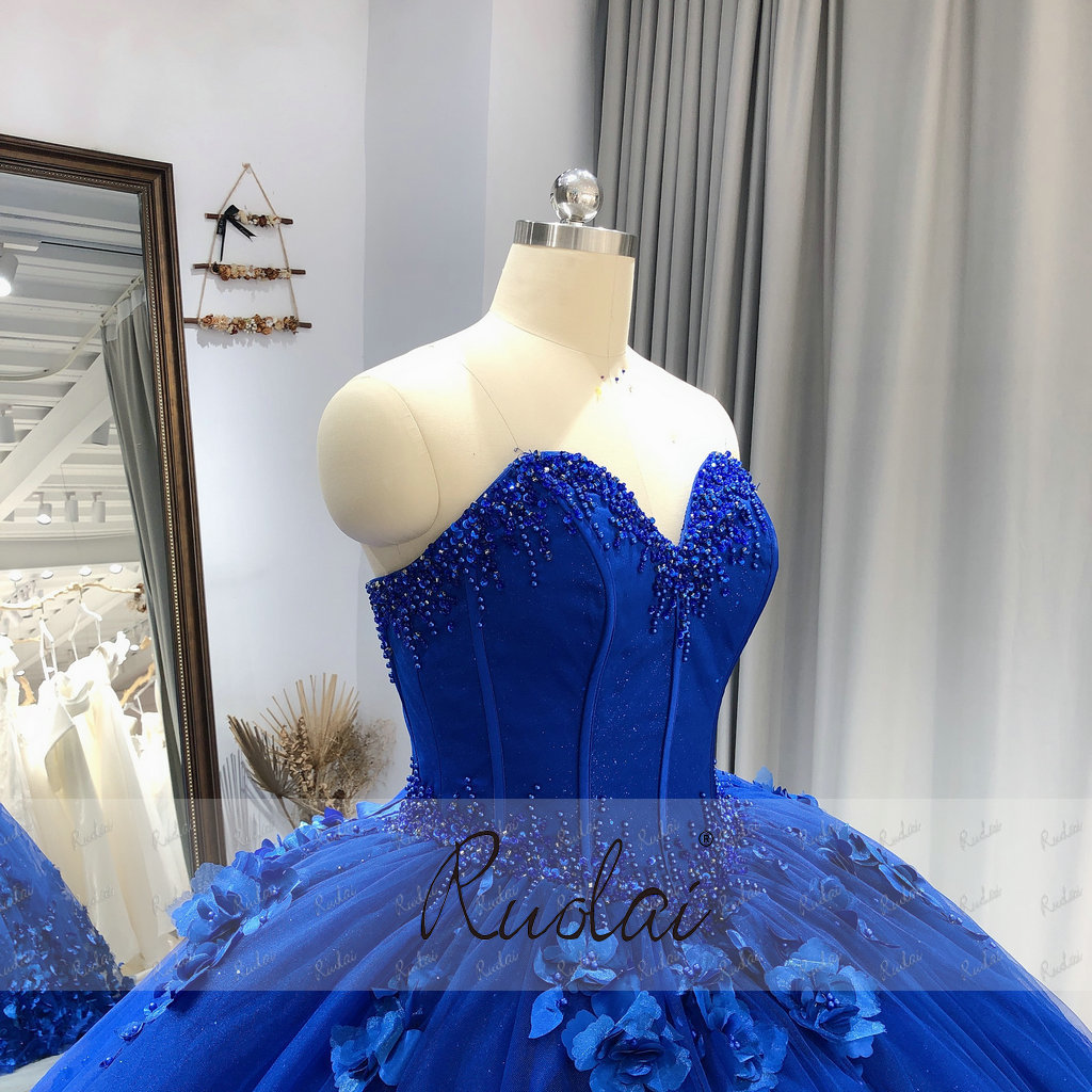 LWR0018 Luxury Princess 3D flowers Ball Gown Prom Dress Glitter Tulle Royal Blue Sweetheart Ball Gown Quinceanera Dress