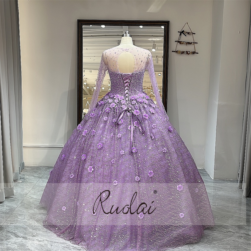 Ruolai LWC6668 Princess Illusion Long Sleeve Ball Gown Scoop 3D Flower Beading Evening Dress Quinceanera Dress 15