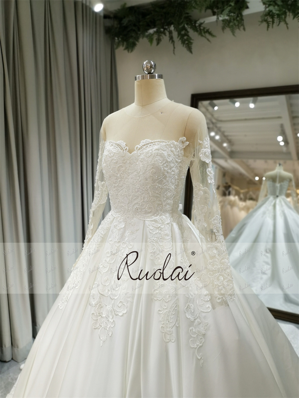 Ruolai ZD05116 Luxury Beaded Ball Gown Wedding Dresses Long Sleeves Ivory Bridal Gowns