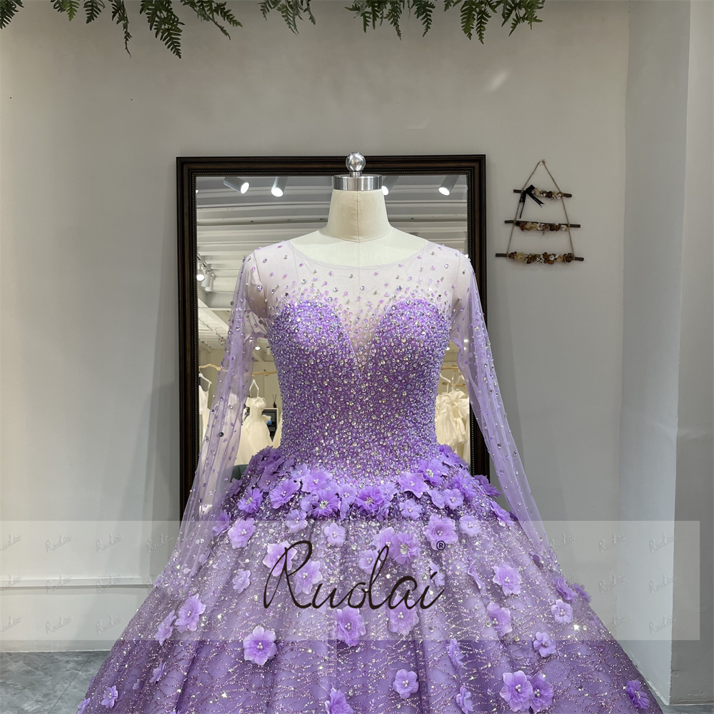 Ruolai LWC6668 Princess Illusion Long Sleeve Ball Gown Scoop 3D Flower Beading Evening Dress Quinceanera Dress 15