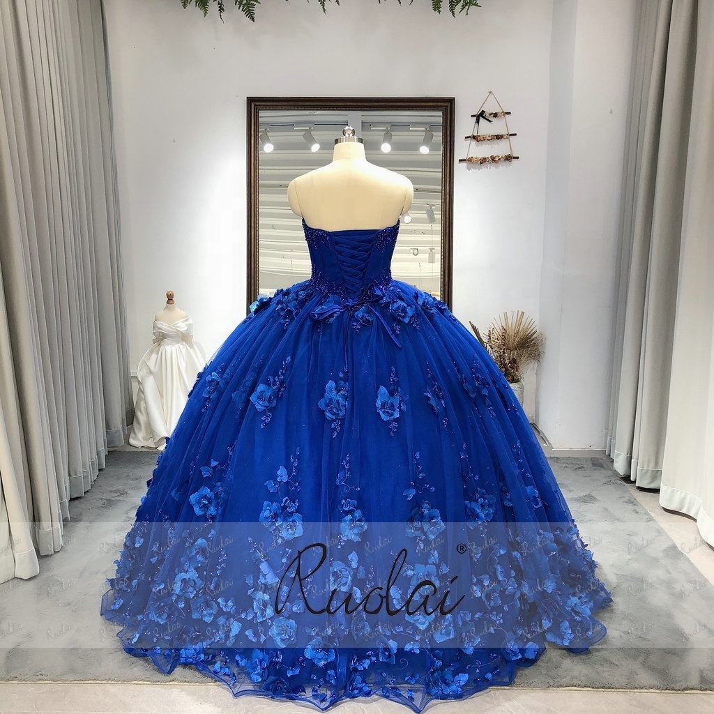 LWR0018 Luxury Princess 3D flowers Ball Gown Prom Dress Glitter Tulle Royal Blue Sweetheart Ball Gown Quinceanera Dress