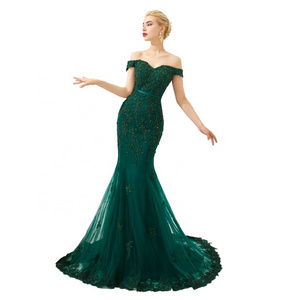 Ruolai 35338 Luxury Off Shoulder Sexy Green Party Wear Gown Lace Mermaid Dress Evening Dress Women