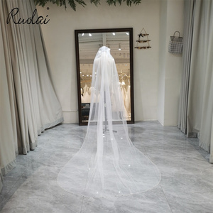 VW0086 Simple Pearl Sequin Lace Wedding Veils Ruffle Cathedral Length Bridal Veils for Women