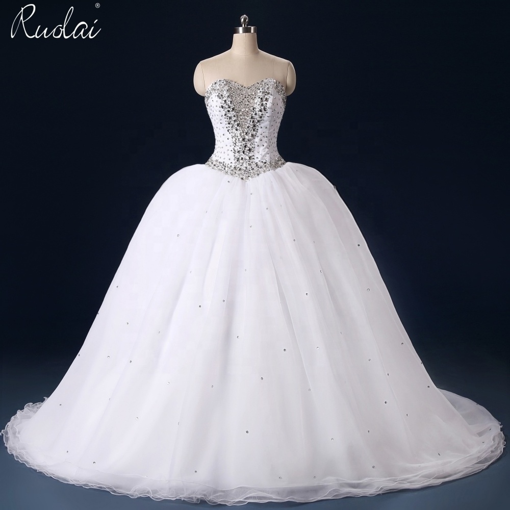 PWD-H1085 Custom Made Supplier Luxury Beaded Silver Rhinestones Crystals Bridal Dresses Tulle  Ball Gown Wedding Dress