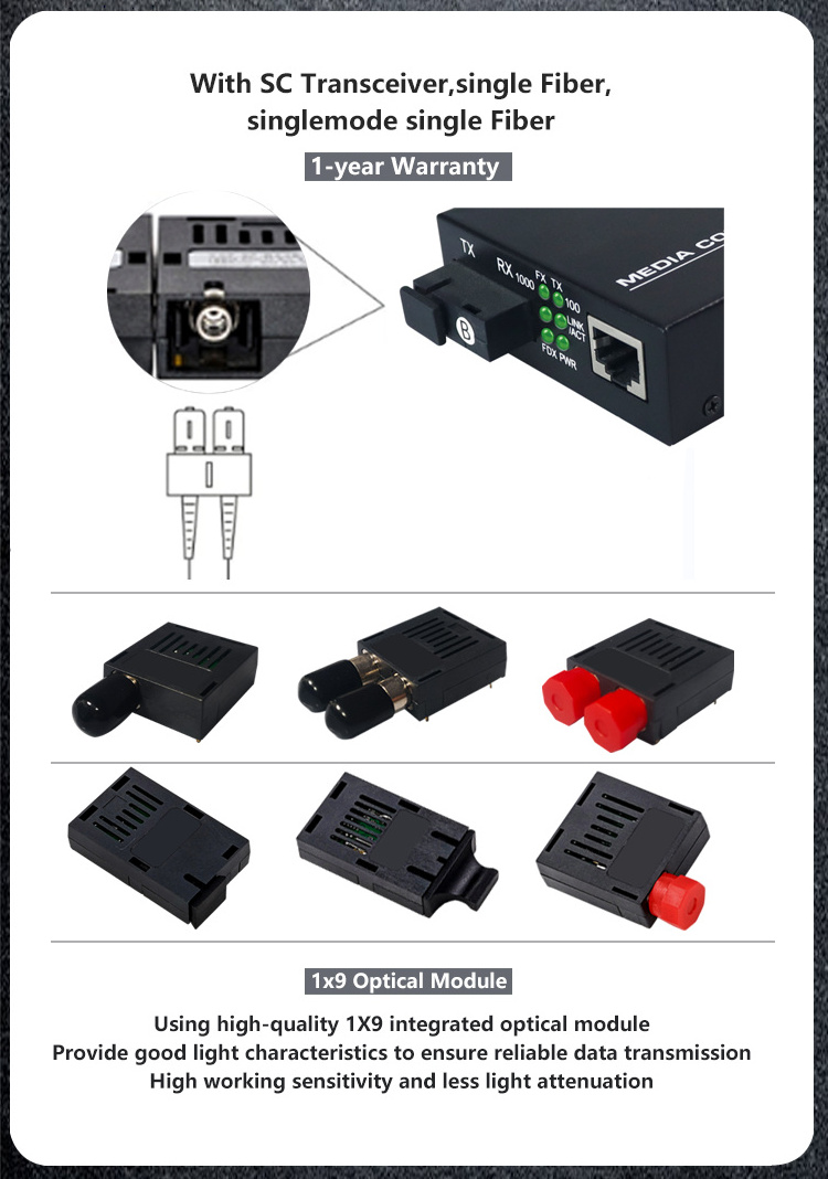 Single Fiber Sm 10/100/1000Mbps Gigabit Optical Converter RJ45 Ethernet Fiber Optic Media Converter