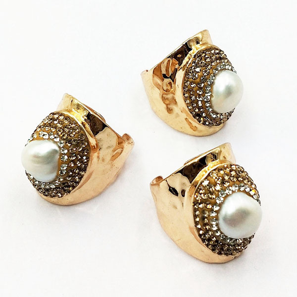 custom natural white pearl cuff ring pave rhinestone cultured pearls open finger ring resizable gemstone golden ring cheap price