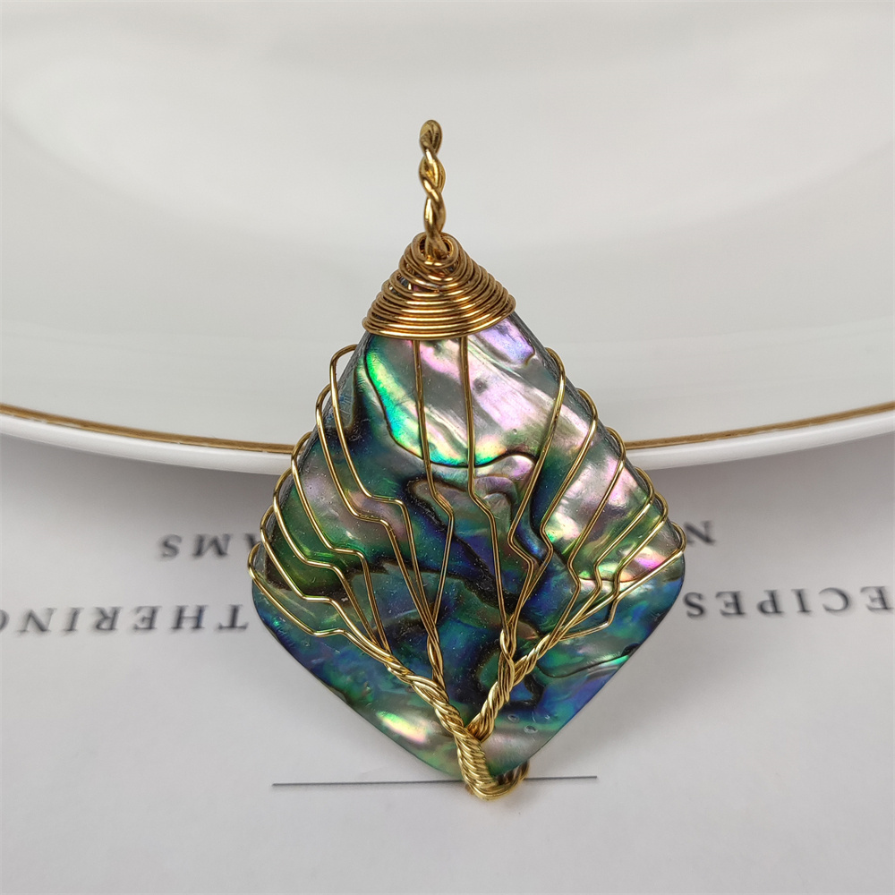 Factory Direct Sale New Zealand Polished Abalone Shell Charms Gold Plated Wire Wrapping Tree of Life Paua Shell Necklace Pendant