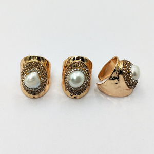 custom natural white pearl cuff ring pave rhinestone cultured pearls open finger ring resizable gemstone golden ring cheap price