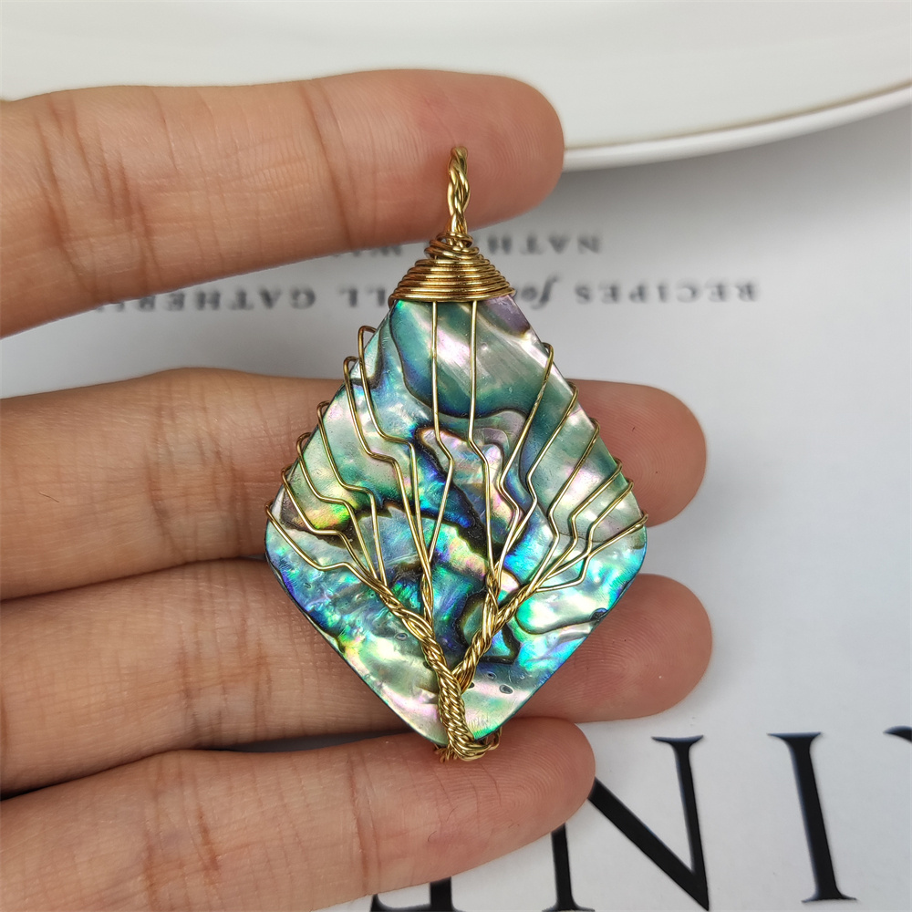 Factory Direct Sale New Zealand Polished Abalone Shell Charms Gold Plated Wire Wrapping Tree of Life Paua Shell Necklace Pendant