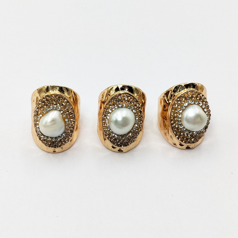 custom natural white pearl cuff ring pave rhinestone cultured pearls open finger ring resizable gemstone golden ring cheap price