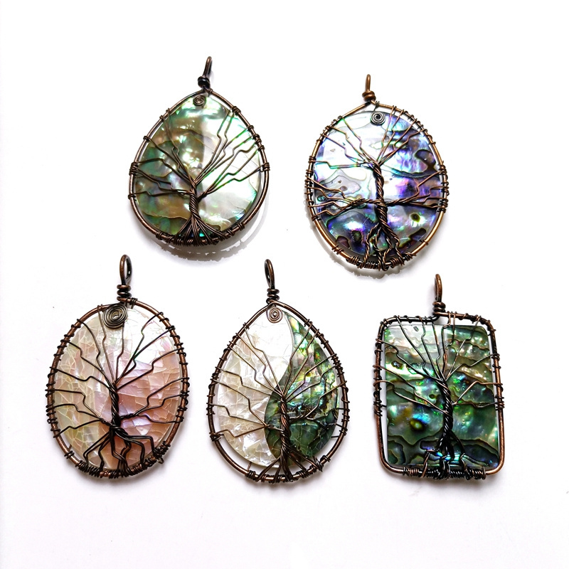 Wholesale Natural Abalone Shell Wire Wrapped Pendant Waterdrop Oval Rectangle Shape Tree Of Life Paua Shell Handmade Jewellery