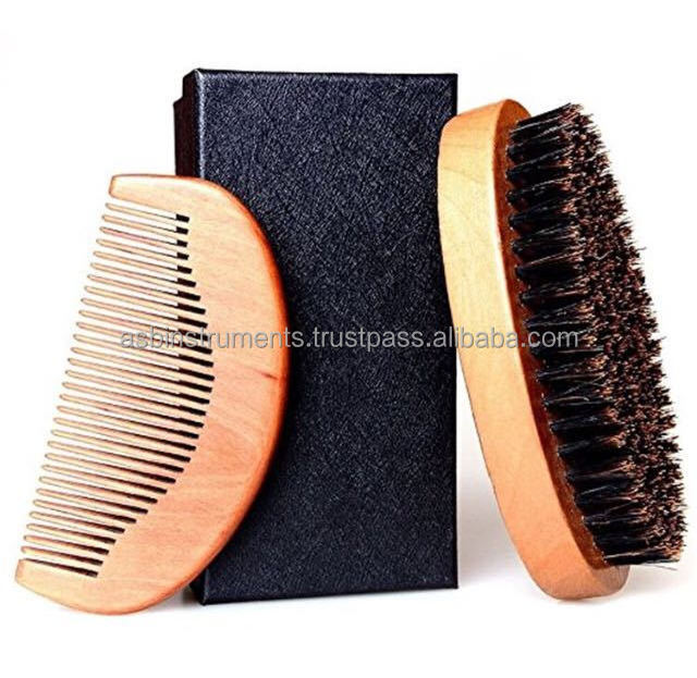 Comb Set Beard Brush and Wooden with Customized Packaging Round Natural Wood Bristle Customized Logo Customized Size Gift