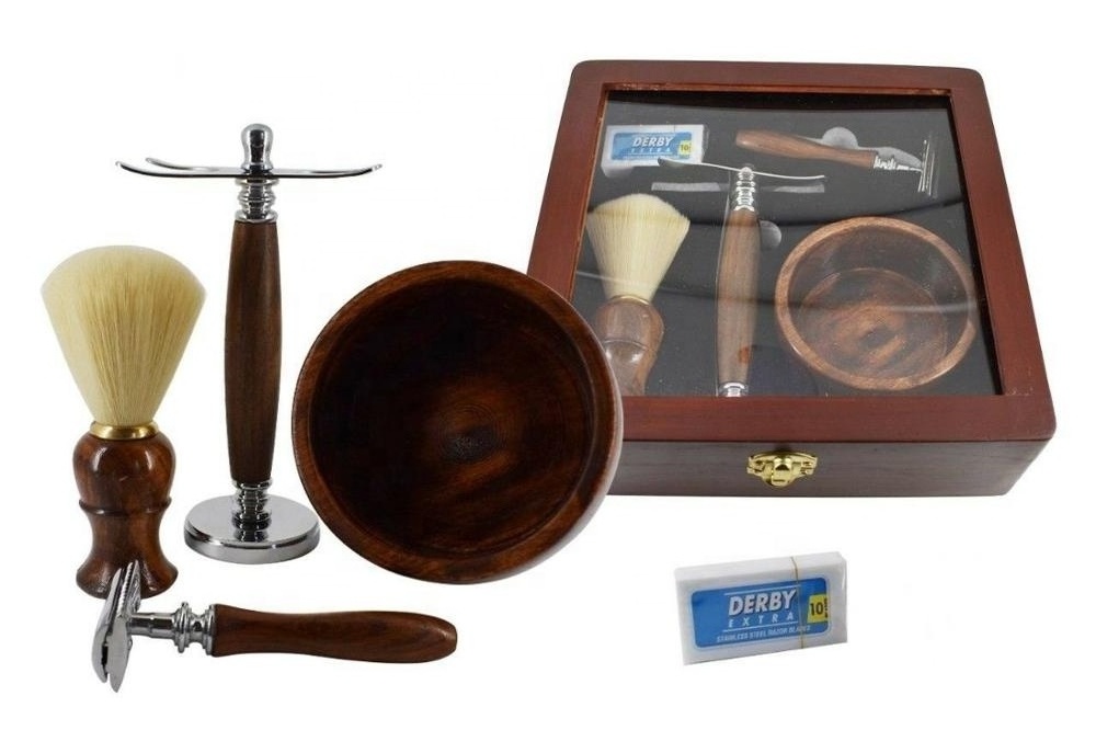 Shaving Set With Wooden Box, Shaving Kit Men's Gift Set With Shaving Stand, Brush, Bowl And Safety Razor