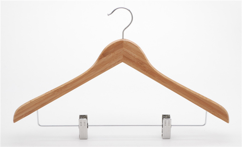 High quality wooden bamboo garment hanger with metal clips for hotel clothes store