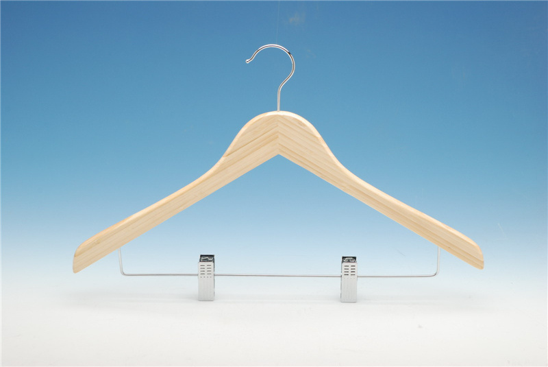 High quality wooden bamboo garment hanger with metal clips for hotel clothes store