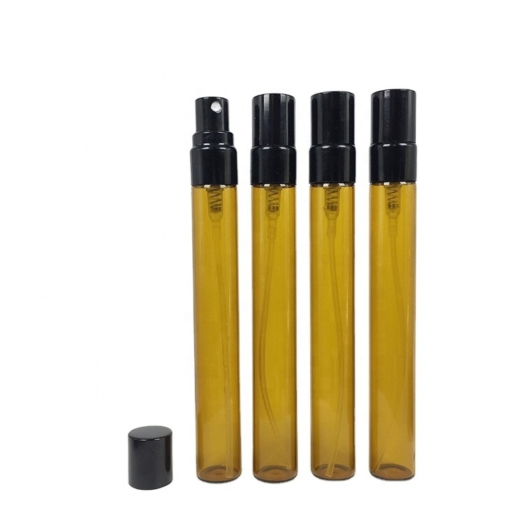 new style personalized long tube 10ml refillable perfume spray bottle brown color with black mist sprayer