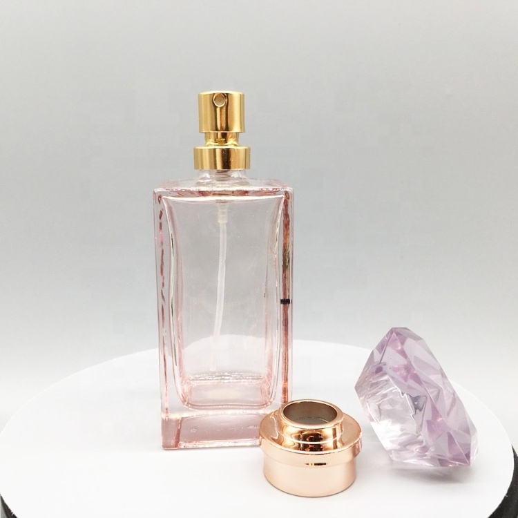 Wholesale Custom pink 30ml 50ml square Perfume spray Bottle crimping with diamond acrylic caps