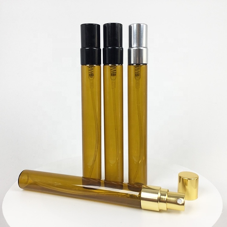 new style personalized long tube 10ml refillable perfume spray bottle brown color with black mist sprayer