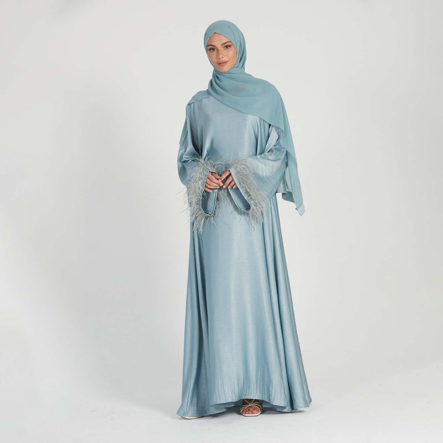 Aschulman Eid Arabic Women Long Robe Premium Deep Ice Blue Feather Cuff Closed Muslim Abaya Dresses