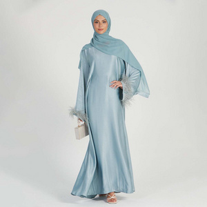 Aschulman Eid Arabic Women Long Robe Premium Deep Ice Blue Feather Cuff Closed Muslim Abaya Dresses