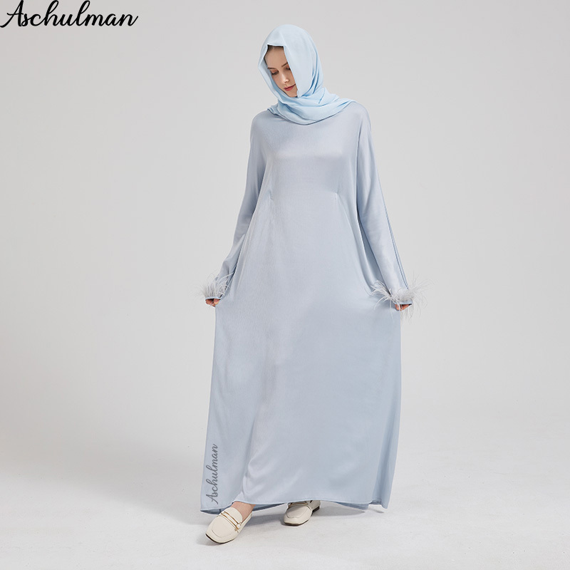 Aschulman abaya and hijab Premium lce Blue Feather Cuff summer muslim dress for women newest abaya