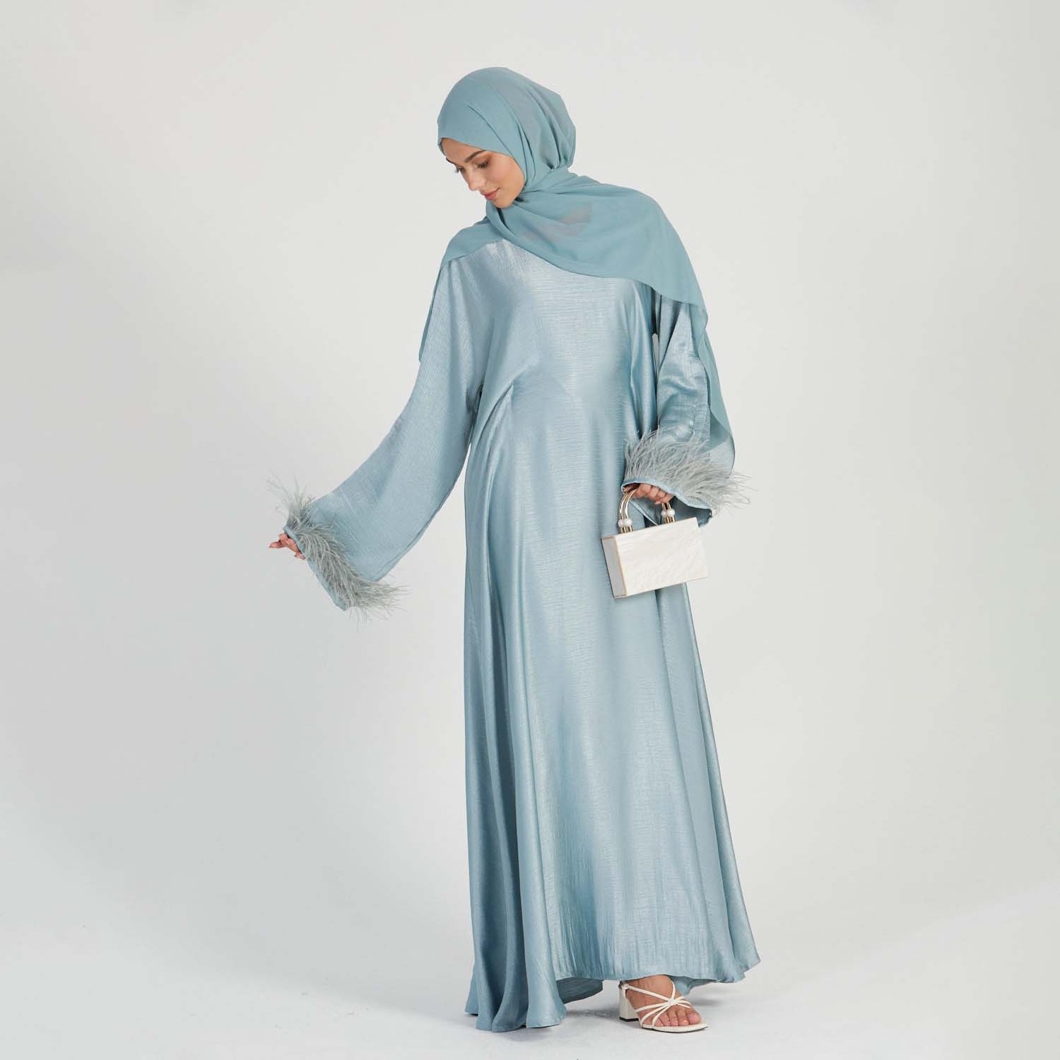 Aschulman Eid Arabic Women Long Robe Premium Deep Ice Blue Feather Cuff Closed Muslim Abaya Dresses