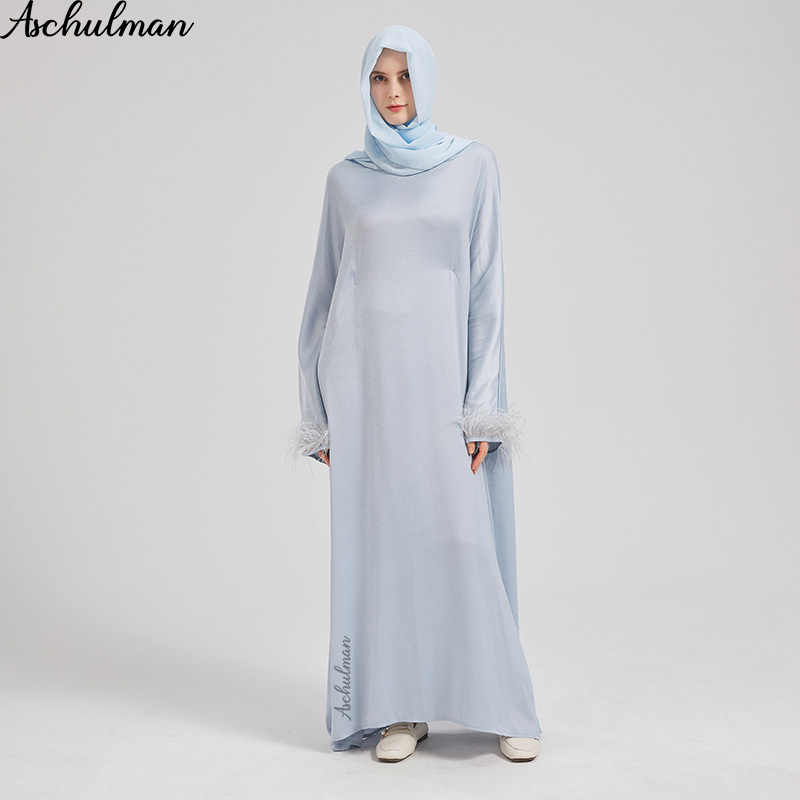 Aschulman abaya and hijab Premium lce Blue Feather Cuff summer muslim dress for women newest abaya