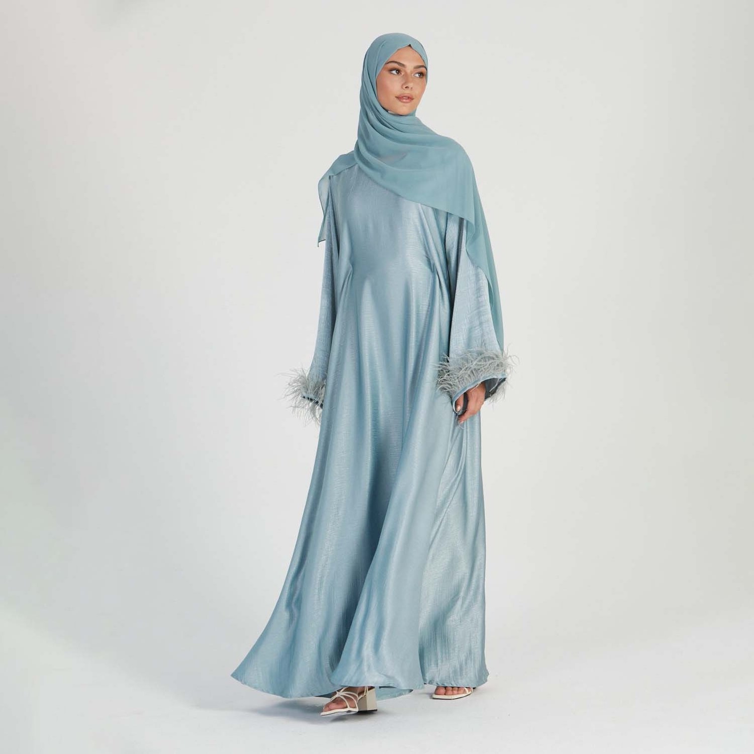 Aschulman Eid Arabic Women Long Robe Premium Deep Ice Blue Feather Cuff Closed Muslim Abaya Dresses