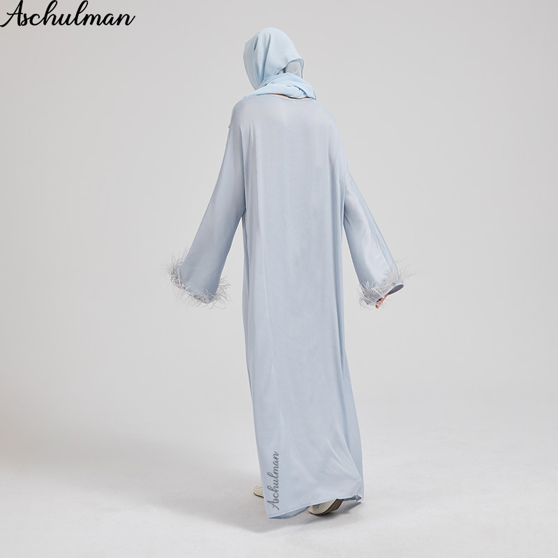 Aschulman abaya and hijab Premium lce Blue Feather Cuff summer muslim dress for women newest abaya