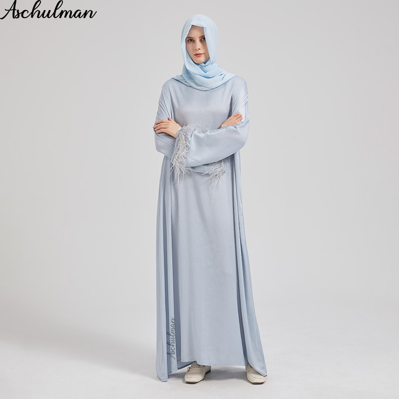 Aschulman abaya and hijab Premium lce Blue Feather Cuff summer muslim dress for women newest abaya