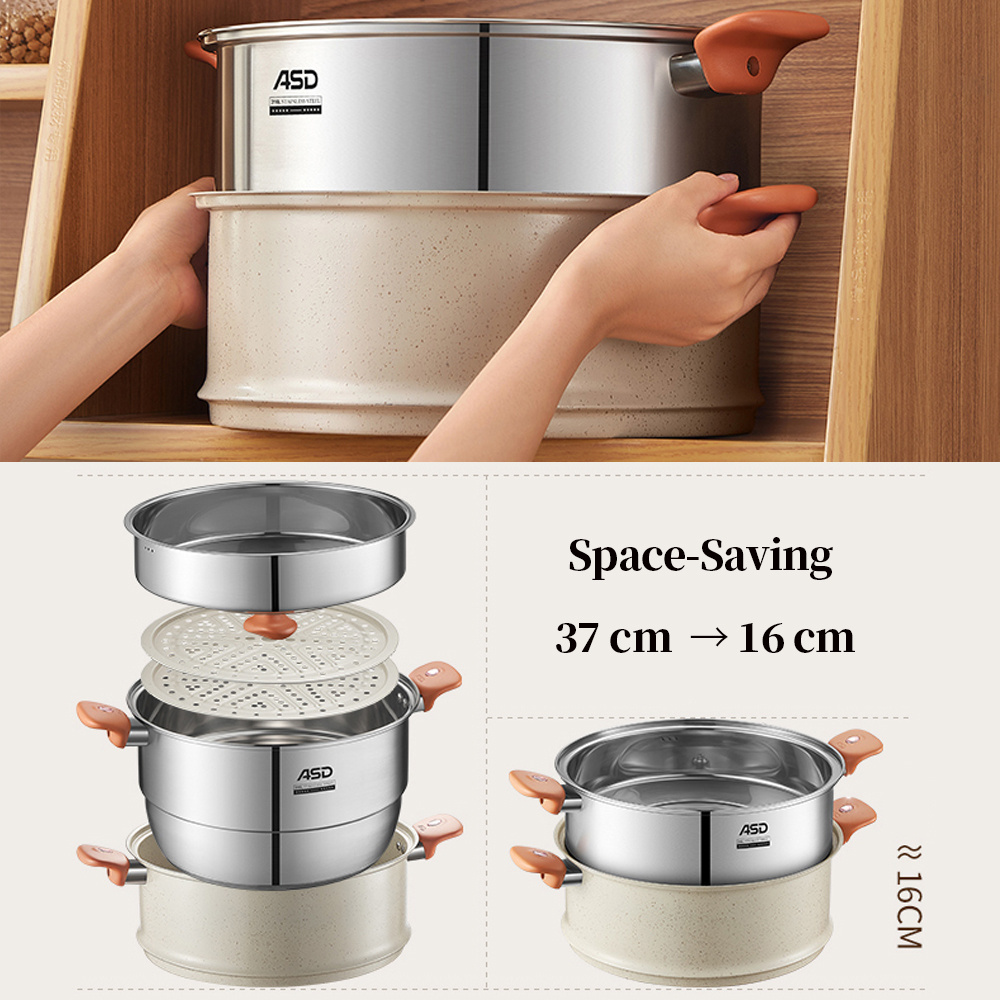 3 Layers Stackable Large Soup Steamer Pot Stainless Steel 304 Three Tier Induction Granite Nonstick Steam Cooker Food Steamer