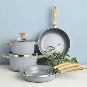 Ceramic Pan Porcelain Enamel Pot Set Cookware Panela De Cermica Soup & Stock Pots And Pans Cooking Set With Wooden Handle