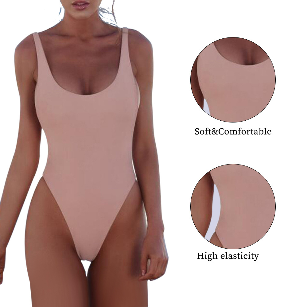 Sexy Low Cut Solid Color Bikini Simple Ladies One Piece Swimsuit Swimwear Beachwear Bikini