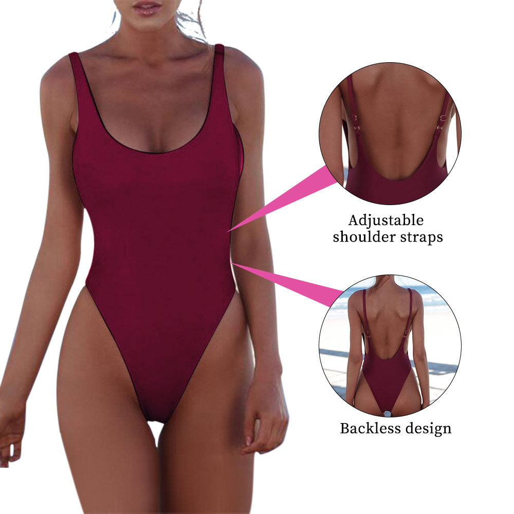 Sexy Low Cut Solid Color Bikini Simple Ladies One Piece Swimsuit Swimwear Beachwear Bikini