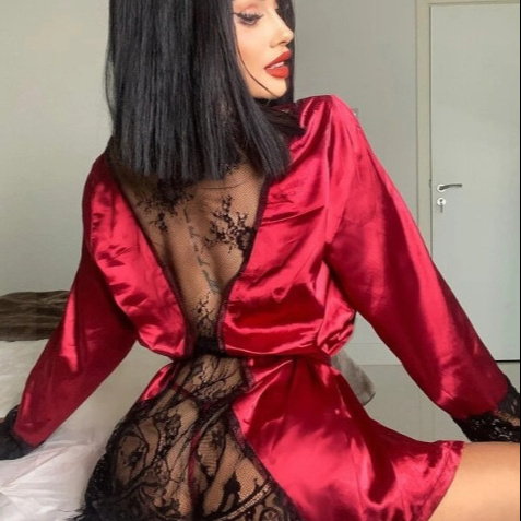 Private Women  Long Fur Robes Sheer Mesh Transparent Lace  Sexy Lingerie Set with Robe Women 2023