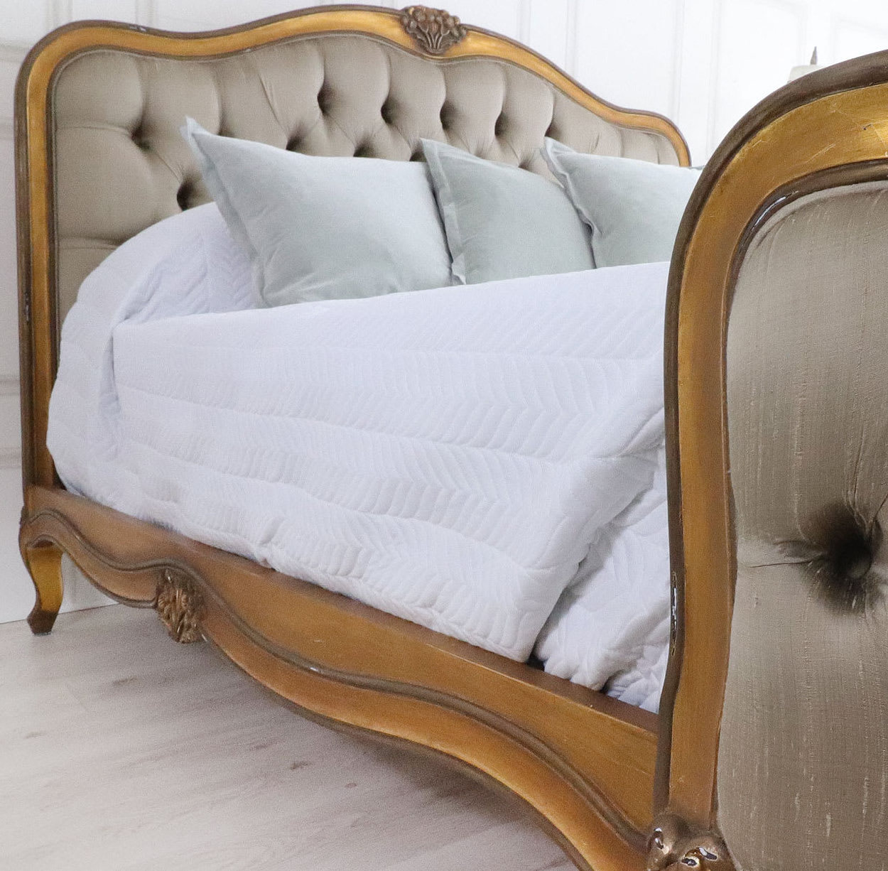 French Upholstered Bed Frame In Gold- Wooden Bed Frames Europe Style For Bedroom Furniture