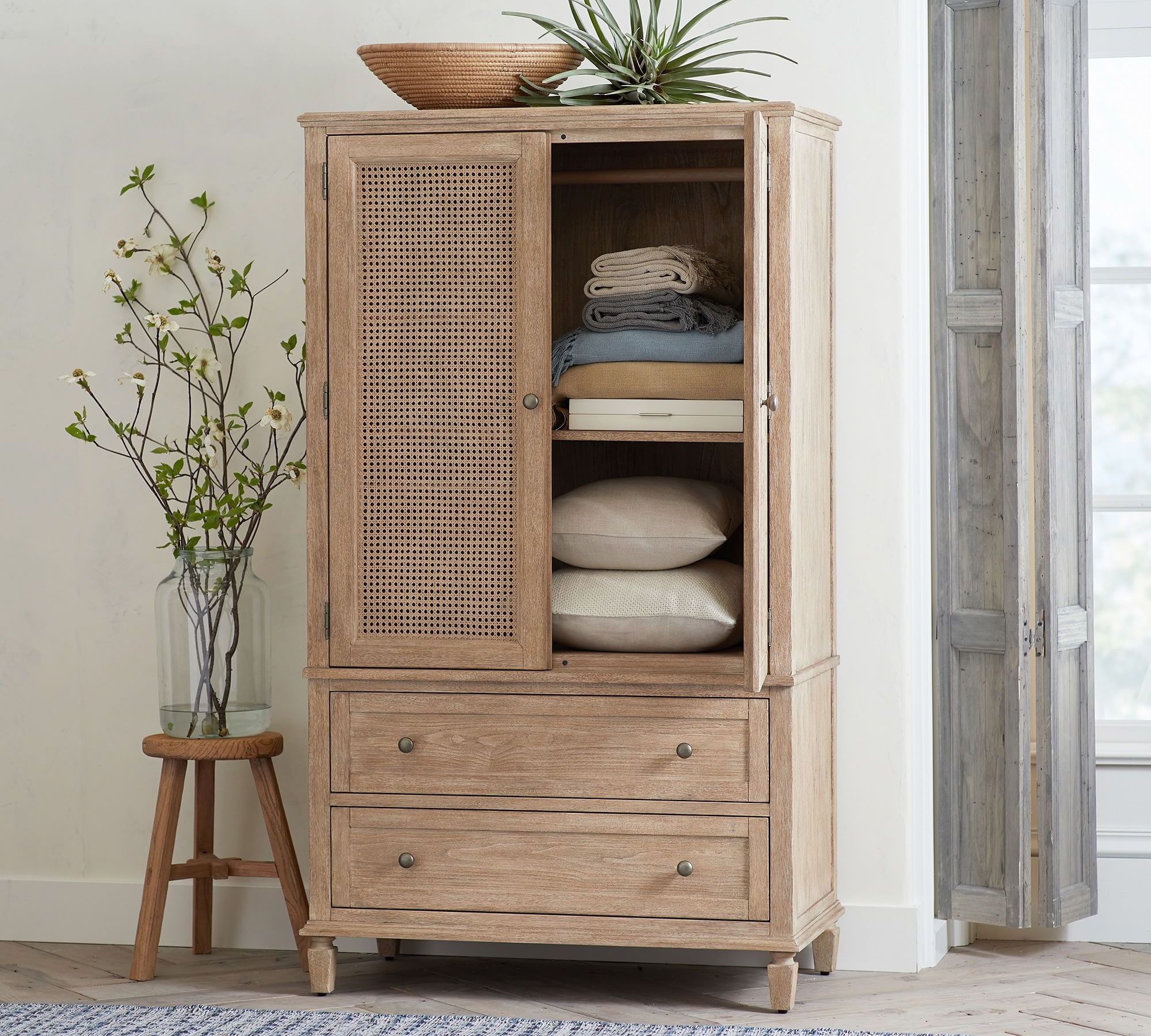 Cane Armoire Teak Wood Armoire with Rattan For Bedroom Furniture-Modern Minimalist Wardrobe Furniture