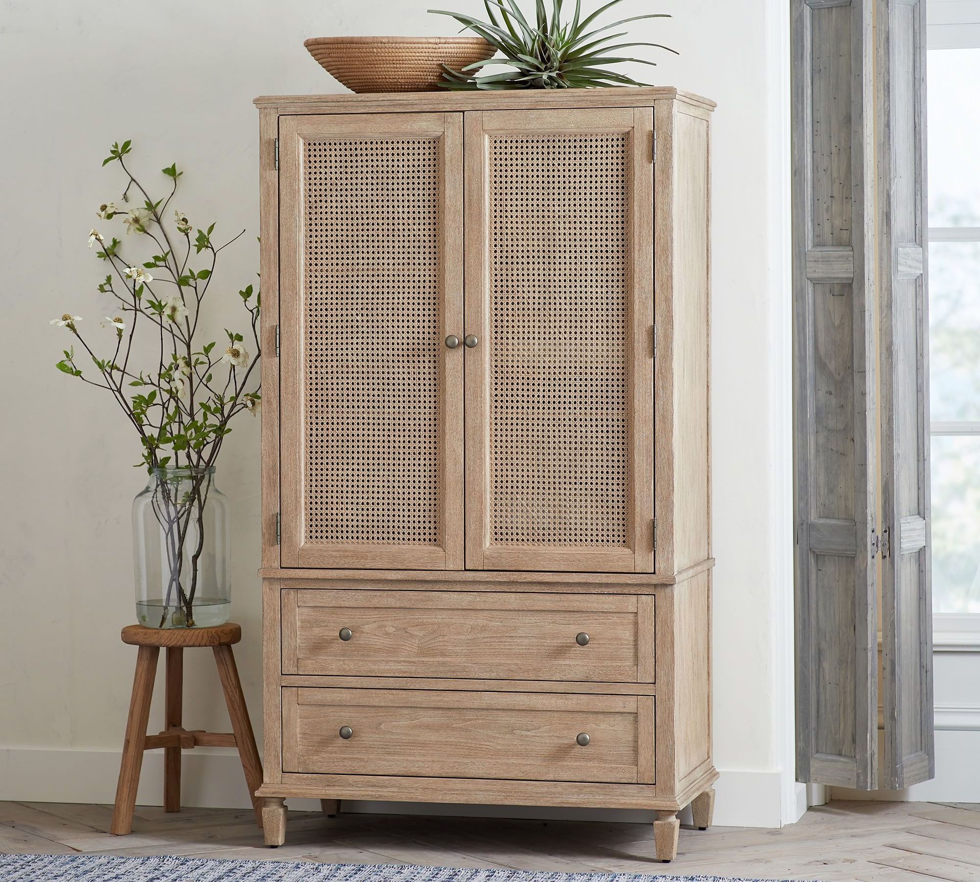 Cane Armoire Teak Wood Armoire with Rattan For Bedroom Furniture-Modern Minimalist Wardrobe Furniture