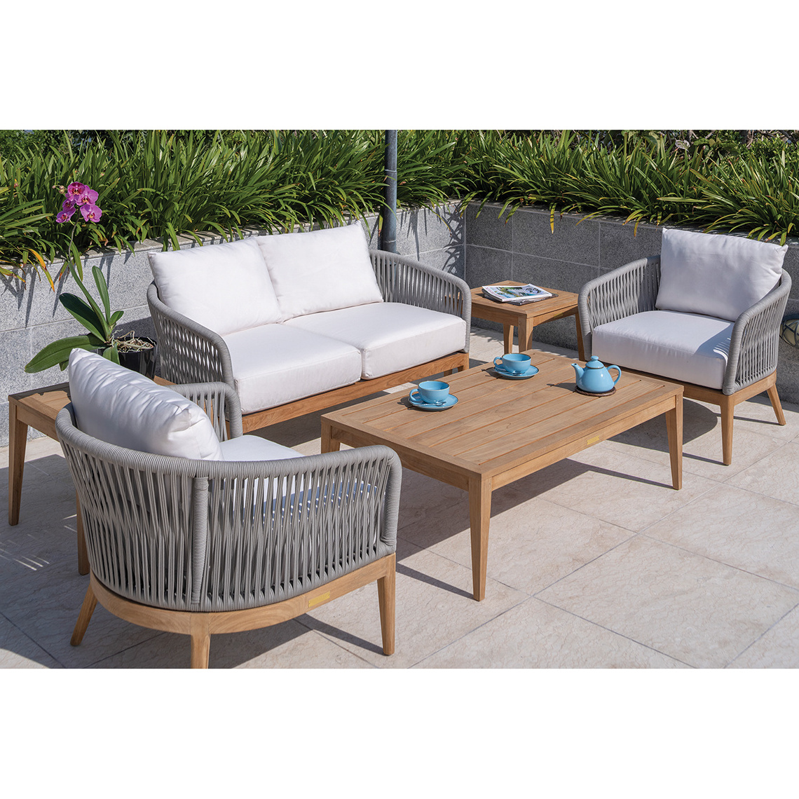 Patio Sofa Set From Solid Wood With Sofa Cushions White Color For Outdoor Furniture