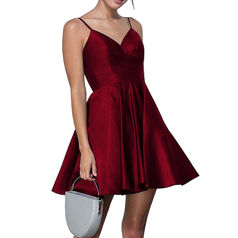 2022 Custom Sweet New Style Women Sling Open-Back Silk Mini Satin Casual Dress