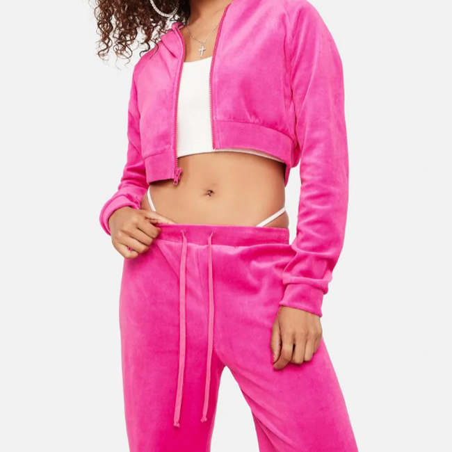 Custom 2023 Women Streetwear Y2K Blank Zip Up Cropped Hoodie And Sweatpants Set Suit Pink Velour Velvet Tracksuit